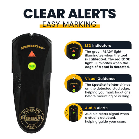 Easy Peasy Electronic Stud Finder For Wood And Metal Walls With Sharp Drywall Edge Detection No Sweat Wall Scanner Tool showing LED indicators and audio alerts.