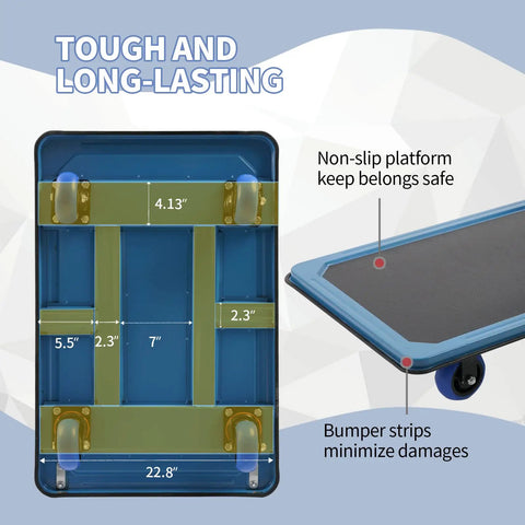 Tough As Nails Folding Platform Truck Cart Built With Thick Steel Plate And Smooth Rolling Wheels For Busting Through Heavy Warehouse 36X24 Inch 1100 Lbs Hauls underside view with wheel details.