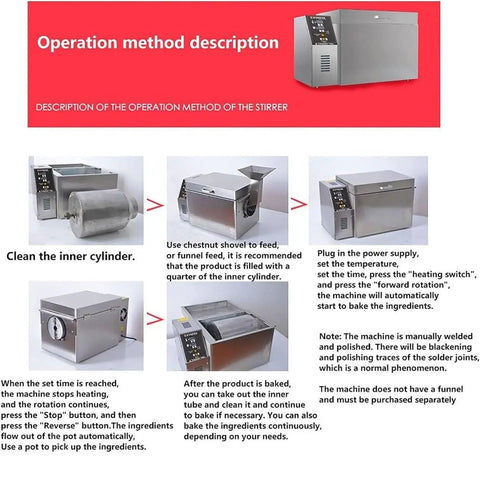 Operation method for Straight Up Heavy Duty Commercial Electric Nut Roaster With Digital Temperature And Timer Controls.