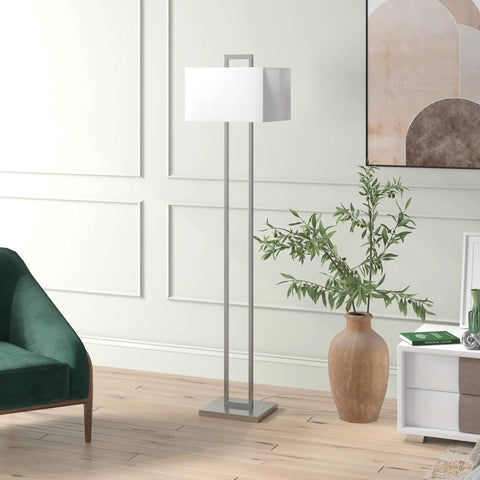 Tall 68 inch floor lamp with white fabric rectangle shade in brushed silver finish for living room, bedroom, or office includes easy to use 8 foot cord
