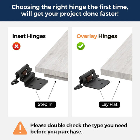 Comparison of inset vs overlay cabinet hinges showing step in and lay flat designs with a note to double-check hinge type needed