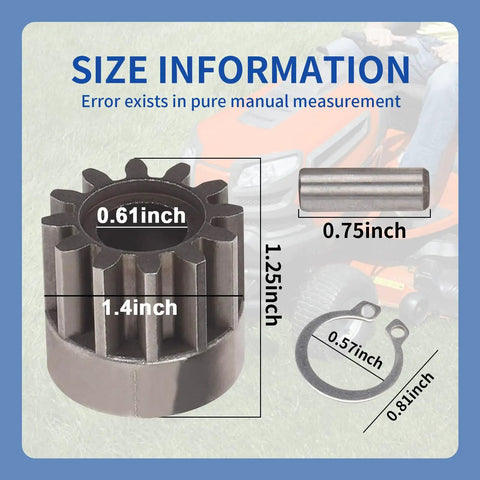 Heavy Duty Lawn Sweeper Wheel Drive Pinion Kit Featuring Left And Right Cogs dimensions with sizes on a blue background.
