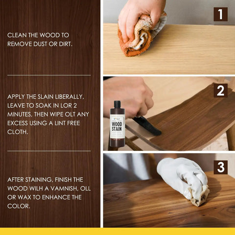 Step-by-step guide using Black Walnut Wood Stain for cleaning, applying, and finishing wood surfaces.