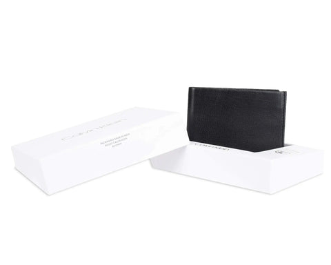 Mens RFID Blocking Leather Minimalist Bifold Wallet With ID Window Black Passcase shown with packaging