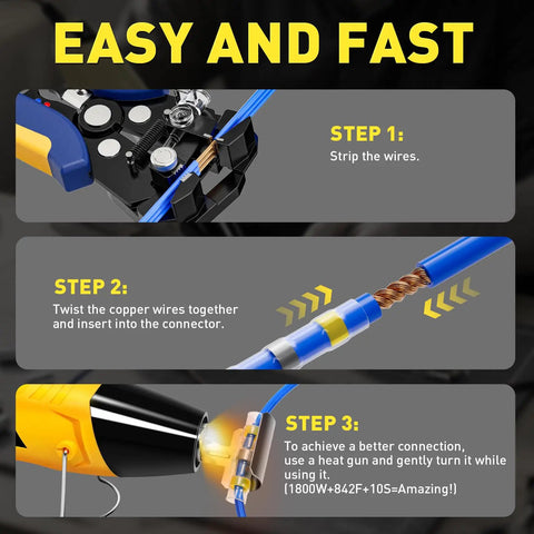Steps for using 120Pcs Solder Seal Wire Connector Kit With 3 In 1 Automatic Wire Stripper Tool, 10 To 24 AWG, Waterproof Heat Shrink Butt Terminals