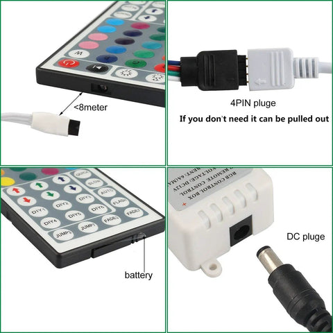 24 Key IR Remote LED Strip Light Controller Kit with Wireless Rectifier Box, DC 12V 3A Power Supply, plug and connectors shown