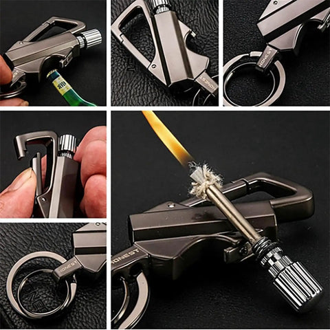Collage of Infinity Lighter Forever Match With Multitool Keychain Bottle Opener Waterproof Reusable Matchstick, shown in use.