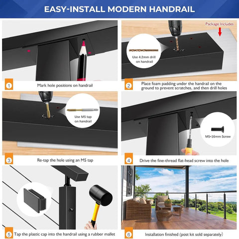 Installation steps for Top Notch Grade 304 Stainless Steel Handrail Top Rail 8 Ft Cut To Fit Deck Railing with slick black finish.