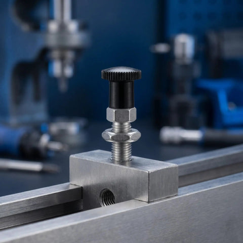 Pair Of M6 Stainless Steel Indexing Plungers With Four Millimeter Pins For Dead Center Fixture Alignment And Pro Grade Spring Loaded Positioning That Keeps Things Locked Right Up on a metal fixture.