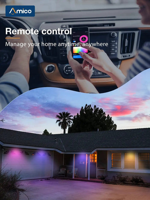 Smart 5 To 6 Inch Recessed LED Can Lights 4 Pack With RGBCW Color Changing, WiFi control via phone app over a house at sunset