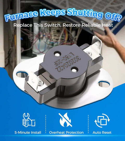 Heavy Duty Auto Reset Limit Switch L180-20F Replaces 338096-701 for HVAC furnace, featuring snap disc and auto reset function.