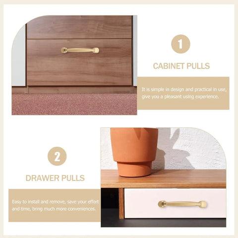 Six Pack Decorative Brass Cabinet Pull Handles Set For Kitchen Drawers And Cupboards on wooden cabinet and white drawer