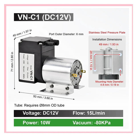 Compact Mini Negative Pressure Suction Pump With Oil-Free Electric Motor features a stainless steel pressure plate and labeled specifications.