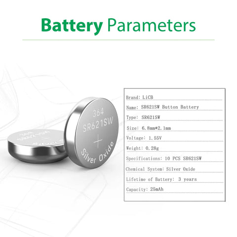 10 Pack SR621SW 364 Watch Battery Silver Oxide Button Cell 1.55V shown with parameters for size and voltage.