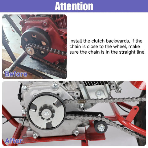 Comparison of chain position before and after using Mini Bike Chain Tensioner Adjuster Bracket With Roller Replacement For Predator 212