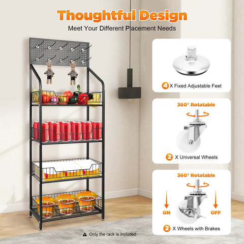 Heavy Duty Four Tier Mesh Display Rack With Ten Secure Hooks Mobile Snack Organizer Cart featuring colorful food items on each shelf.