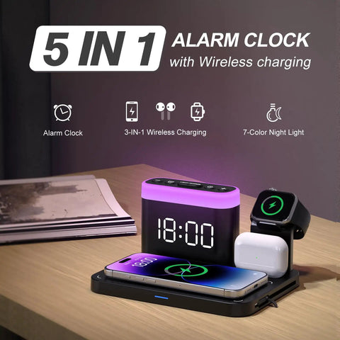Must Have All In One MagSafe Wireless Charging Station With Alarm Clock And Night Light Five In One Dock For iPhone, Apple Watch, AirPods