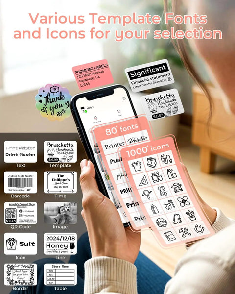 No Sweat Portable Thermal Label Printer With Crisp Built In Display And Smartphone App Hookup For Home And Small Business Quick Print Name Tags Price Stickers Cable Wraps Jewelry Cards Up To Fifty Millimeters Wide showcasing various label templates and icons on a smartphone screen.
