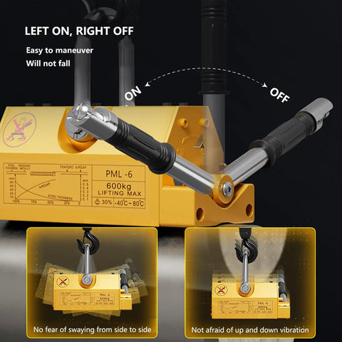 Heavy Duty Permanent Magnet Lifter Tough As Nails Grip Pulls Steel Iron Plates And Pipes Smooth Release Lever in use with safety features.
