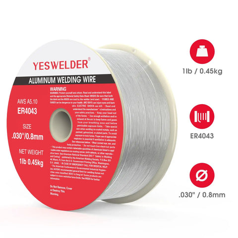 ER4043 Silicon Aluminum Welding Wire 0.030 Inch MIG Wire On ABS Spool 1 Pound AlSi5 Alloy For Pro Grade, Strong Smooth Welds And Great Wetting On Aluminum Alloys, size and weight details visible on red spool label