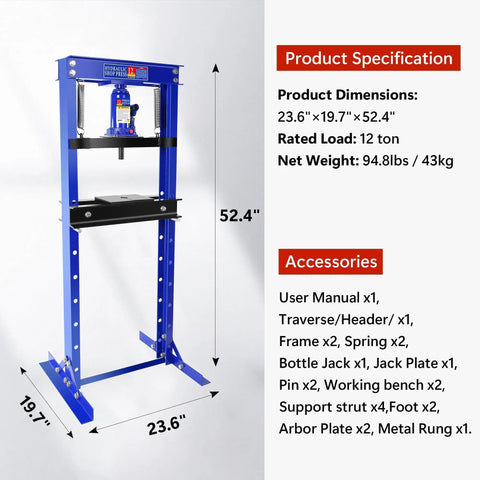 Garage Workhorse 12 Ton Hydraulic H Frame Shop Press With Adjustable Stamping Stations And Steel Base Plates For Quick Bearing Swaps And U Joint Fixes In Blue displaying dimensions and specifications.
