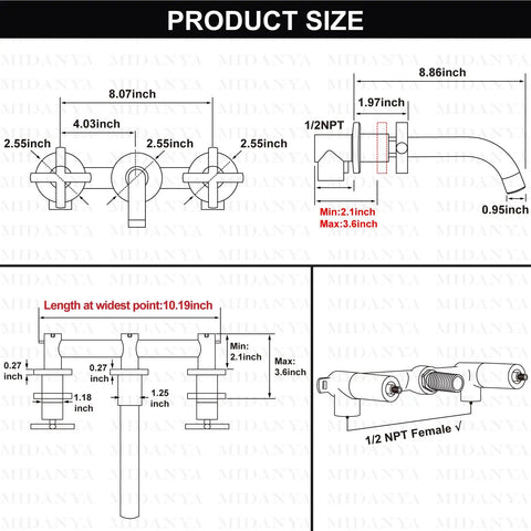 Dimensions of Wall Mounted Bathroom Sink Faucet With Dual Cross Handles, 3 Hole Widespread Vanity Mixer Tap In Matte Black