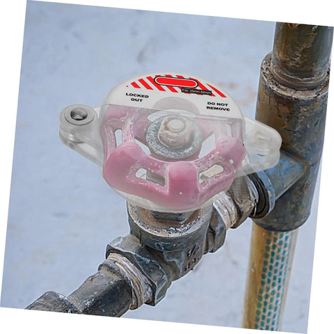 Heavy Duty Gate Valve Lockout Device For Water Spigot Security Features Transparent Window Snap Cover installed on valve.