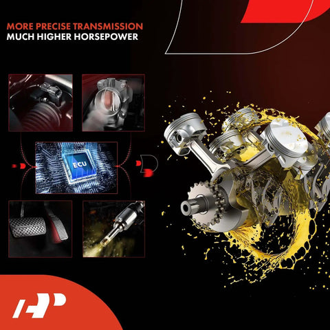 Graphic illustrating car engine components with ECU, emphasizing precision and horsepower in automotive transmission.