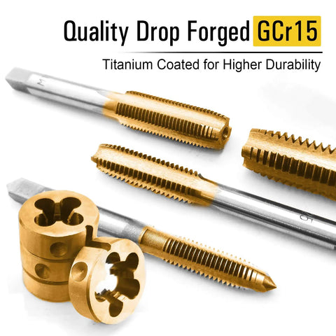 Close-up of titanium-coated taps and die set included in 40 Piece Metric Tap And Die Set With Titanium Coated GCr15 Bearing Steel.