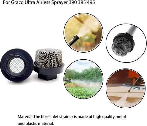 Hose Inlet Strainer Filter and Suction Mesh for Graco Airless Sprayers, showing stainless steel mesh and black base, 2 pack.