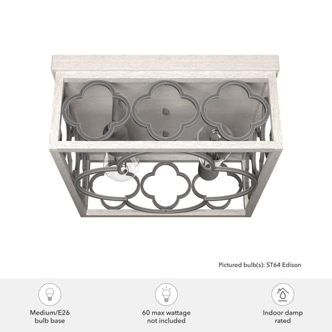 Top view of Gablecrest 2-Light Distressed White Flush Mount Ceiling Light with decorative cutouts, steel frame, 13.5-inch size.