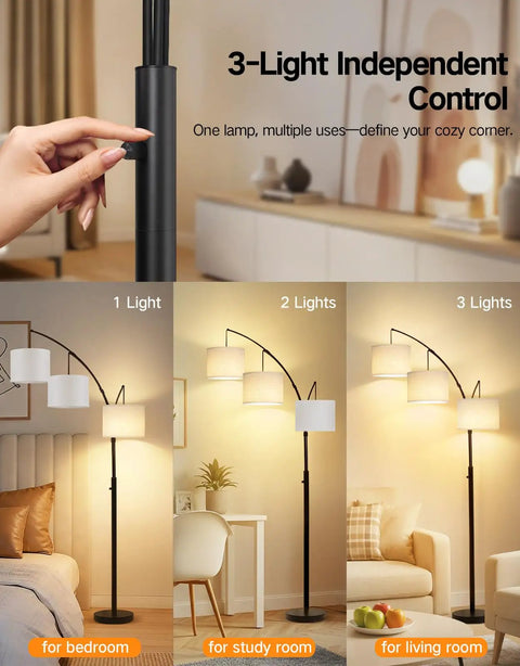 Arc LED Floor Lamp With Three Light Heads, 81 Inch Tall Black Modern Standing Lamp With White Shade in various room settings
