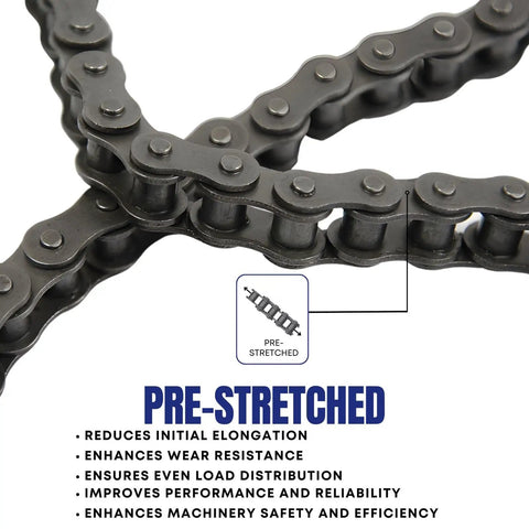 Close-up of 40 Roller Chain 3 Feet With 1 Connecting Link ANSI 0.500 Pitch Heavy Duty, showcasing pre-stretched durability features.