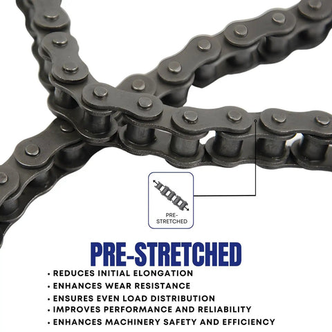 Close-up of ANSI 41 Roller Chain 10 Feet With 2 Connecting Links For Go Karts Mini Bikes Scooters ATVs Dirt Bikes And Industrial Machinery Heavy Duty 0.500 Inch Pitch Tensile Strength 2400 Lbs Precision Heat Treated showing pre-stretched labels and chain structure.