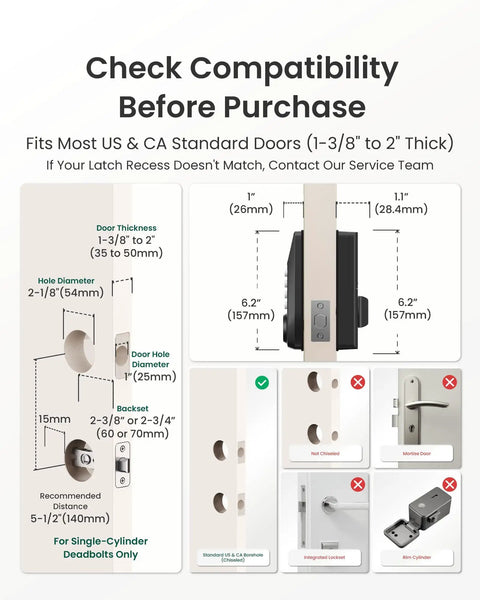 Installation guide for Keyless Entry Door Lock With Fingerprint Scanner showing door measurements and compatibility for US doors.