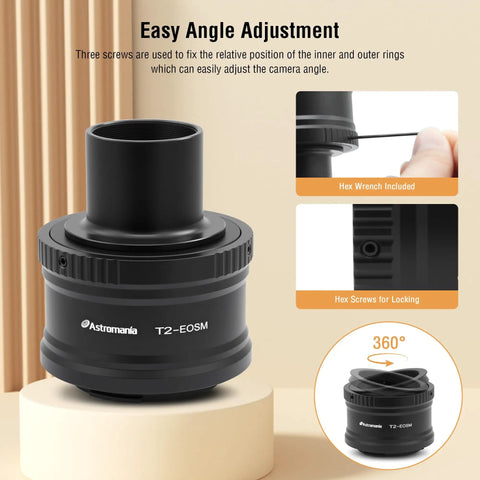 Canon Compatible T2 Mount Lens Adapter for EOS M Cameras with M42 to 1.25 Inch Telescope Adapter, hex wrench visible