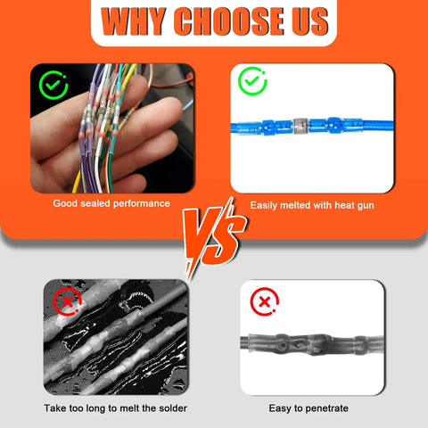 Comparison of good sealed performance connectors vs. traditional ones for Heat Shrink Solder Seal Wire Connector Kit Waterproof Insulated Solderless Wiring Splice Connectors For Marine Automotive Boat Truck Repair 120 Pieces Tough As Nails Durable Easy Install And Long Lasting Performance.