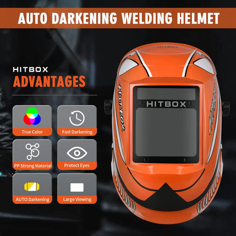 Front view of Auto Darkening Welding Helmet with ultra large 3.9x3.1 inch true color view and four arc sensors