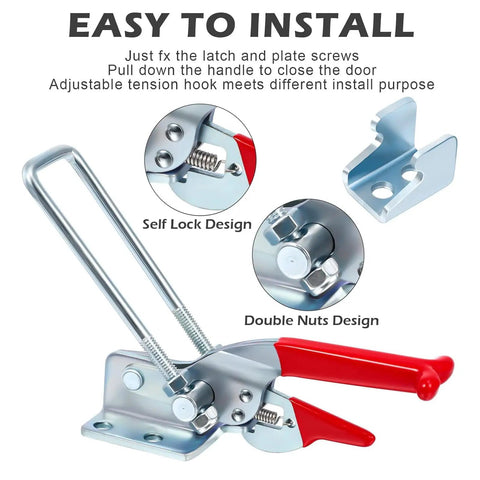 Two Pack 2000lb Heavy Duty Toggle Clamp Set with red handle and self-locking U-bolt latch design, cold rolled steel hardware.