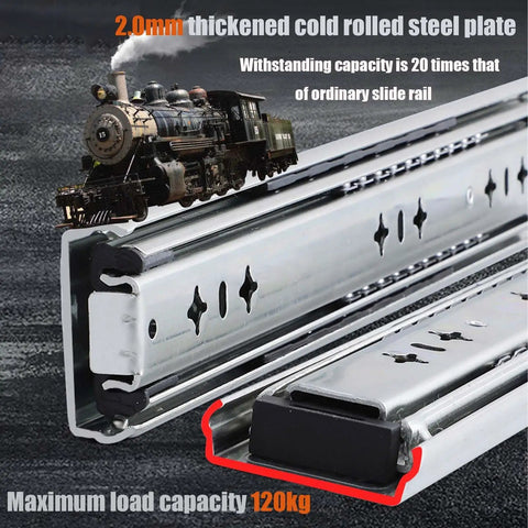 Beefed Up Heavy Duty Drawer Slides With Lock And Full Extension 850mm metal rail guides close-up showing 2mm steel and lock