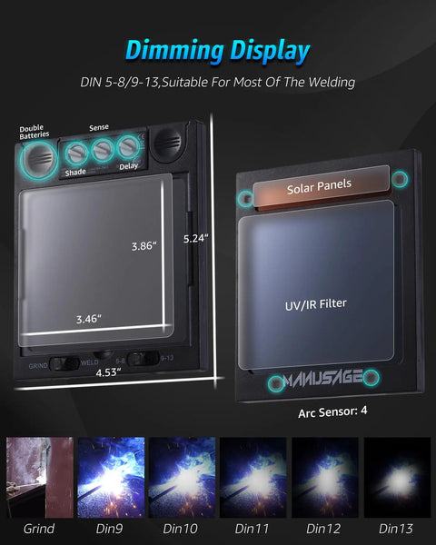 Display of solar-powered auto darkening welding helmet with wide shade 9-13 for TIG MIG ARC welding, adjustable settings