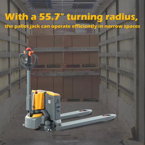 Heavy Duty Electric Pallet Jack Rocking 3300 Lbs Capacity With 48 By 27 Inch Forks Lithium Powered Walkie Pallet Truck in narrow space.