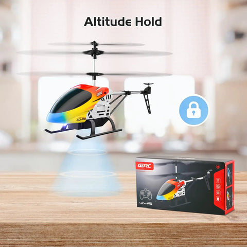 M5 RC Helicopter For Kids And Beginners With Altitude Hold, Alloy Body, with product box on wooden table