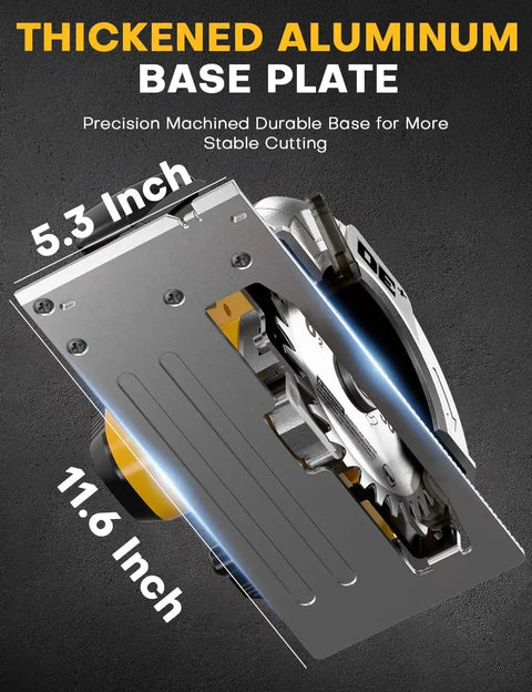 Thickened aluminum base plate of Top Tier 6 1 2 Inch Cordless Circular Saw With Brushless Motor And 8000 Rpm for stable cutting.