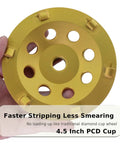 4.5 inch PCD cup wheel held in hand, showcasing design for fast stripping, not related to Nine Piece 7 Inch PCD Cup Grinding Wheel Set
