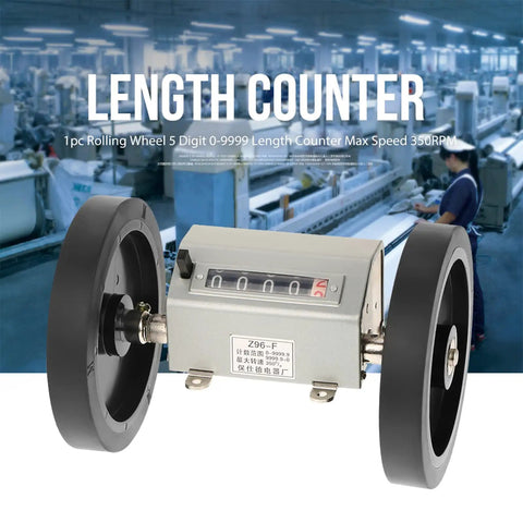Heavy Duty Metal Rope And Cable Length Counter Featuring Hella Sturdy Rolling Wheel with five digit readout and sleek grey finish in use.