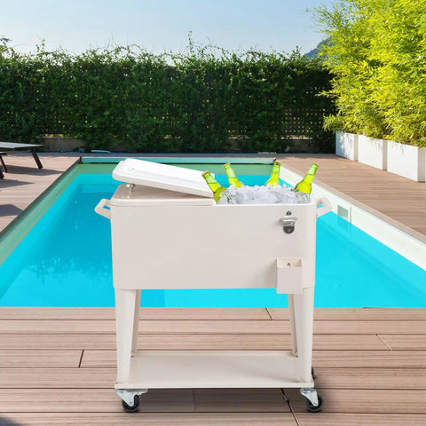 80 Quart Rolling Ice Chest Cooler Cart For Patio Parties Party Ready Stand Up Beverage Trolley With Shelf Beige Finish by pool