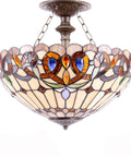 Tiffany Style Ceiling Light Fixture with Victorian stained glass look, semi flush mount lamp, 16 inch shade, antique green bronze finish.