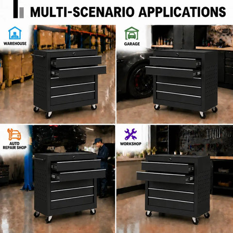Heavy Duty Steel Rolling Tool Chest With Smooth Glide Wheels And Lockable Five Drawer Mobile Cart in garage and workshop settings.