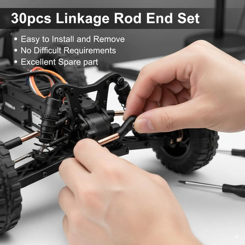 Close-up installation of Traxxas 30 Pcs RC Linkage Rod Ends For One Tenth Scale TRX-4 Crawler Upgrade High Precision M4 Ball Joint Heads